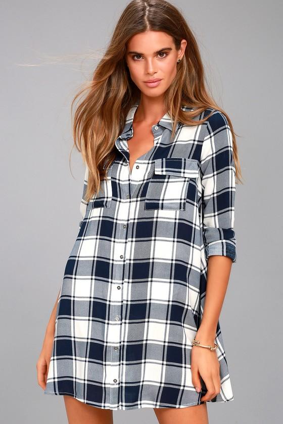 Lulus | Weekend Game Navy Blue Plaid Shirt Dress | Size Medium | 100% Rayon