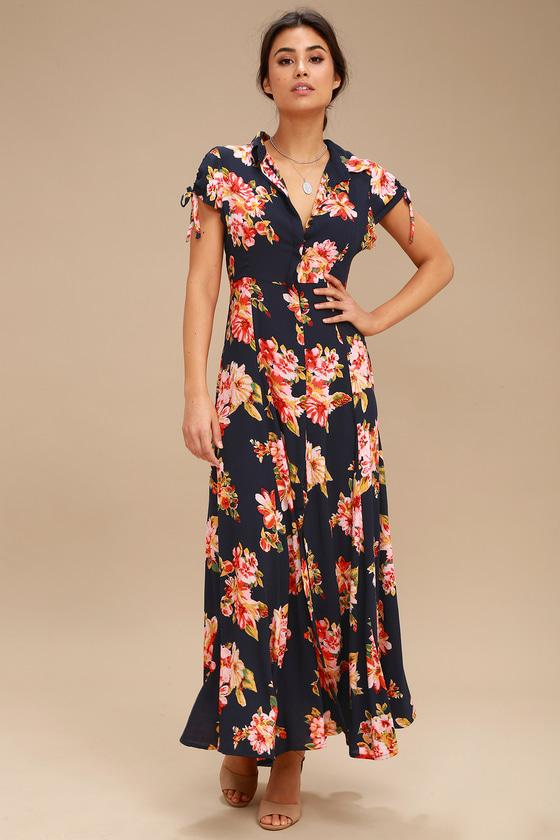 I'm Worth It Navy Blue Floral Print Midi Dress | Lulus