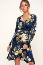 Love Is Life Navy Blue Floral Print Satin Wrap Dress | Lulus