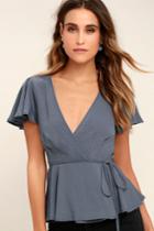 Lulus | Modern Gal Slate Blue Wrap Top | Size Large | 100% Polyester