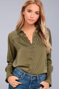 Black Swan Tess Olive Green Satin Button-up Top