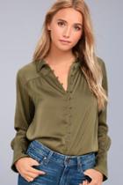 Black Swan Tess Olive Green Satin Button-up Top