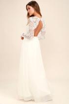 Lulus | Awaken My Love White Long Sleeve Lace Maxi Dress | Size X-small | 100% Polyester