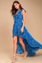 Lulus | Always And Forever Blue Floral Print Lace-up High-low Dress | Size Medium | 100% Polyester