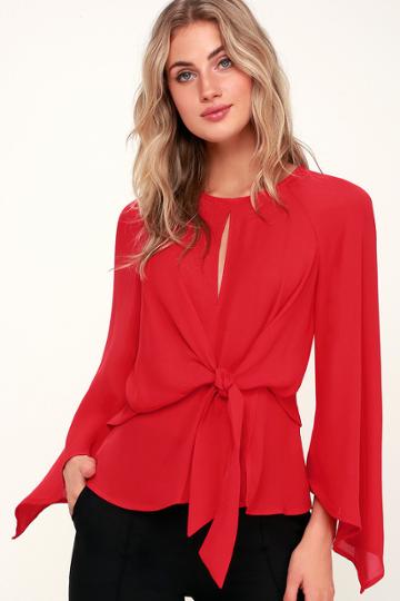 Strut & Bolt Seriously Chic Red Long Sleeve Tie-front Top | Lulus