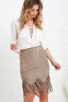 Lulu*s Spur Of The Moment Taupe Suede Fringe Skirt