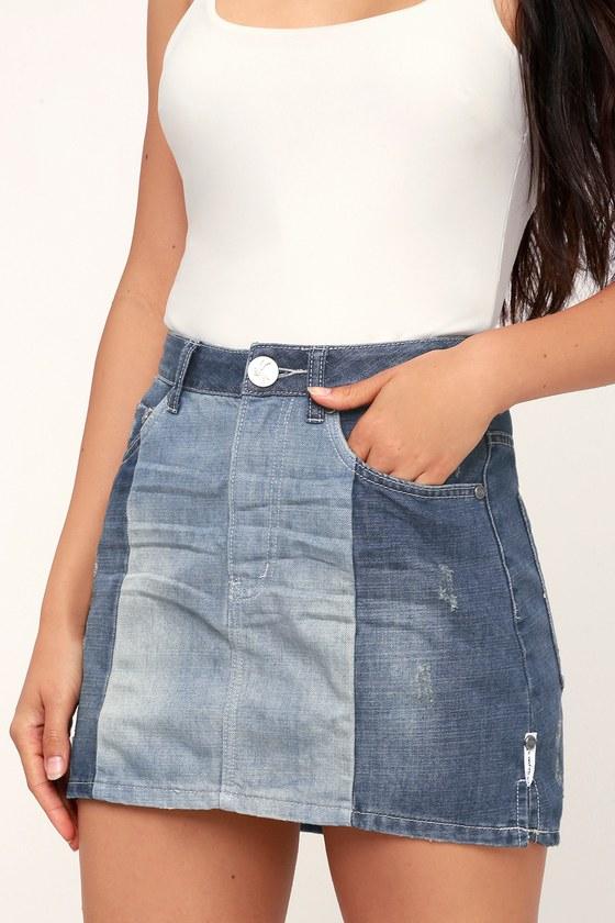 One X One Teaspoon 2020 Medium Wash Two-tone Distressed Denim Mini Skirt | Lulus