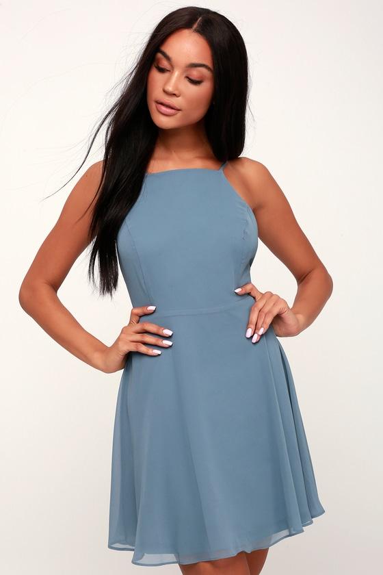 Letter Of Love Slate Blue Backless Skater Dress | Lulus