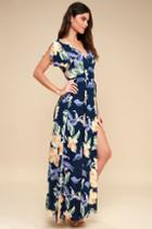 Heart Of Marigold Navy Blue Tropical Print Wrap Maxi Dress | Lulus