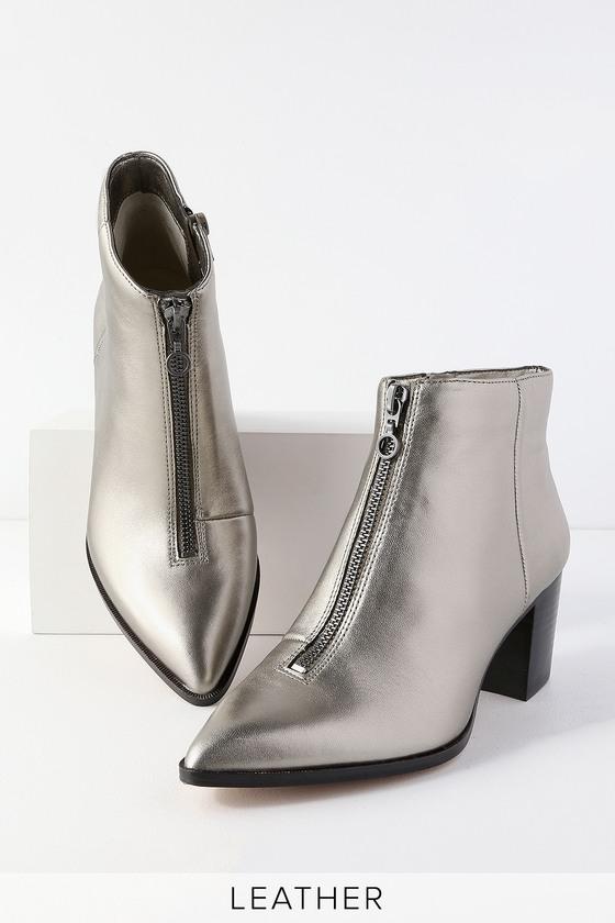 Sole Society Desiray Gunmetal Leather Front Zip Pointed Toe Booties | Lulus