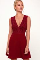 Florentia Wine Red Crochet Lace Skater Dress | Lulus