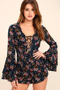Lulus Perennial Favorite Navy Blue Floral Print Long Sleeve Romper