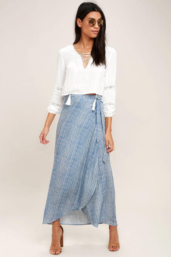 Lulus | Anniversary White And Blue Striped High-low Wrap Skirt | Size X-large | 100% Rayon