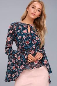Lulus Odine Navy Blue Floral Print Long Sleeve Top