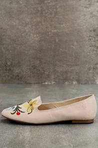 Qupid Arvida Nude Suede Embroidered Loafer Flats