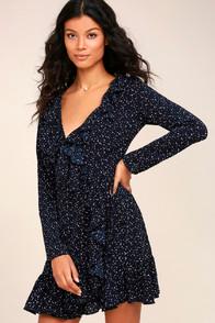 Lulus Spot On Navy Blue Polka Dot Wrap Dress