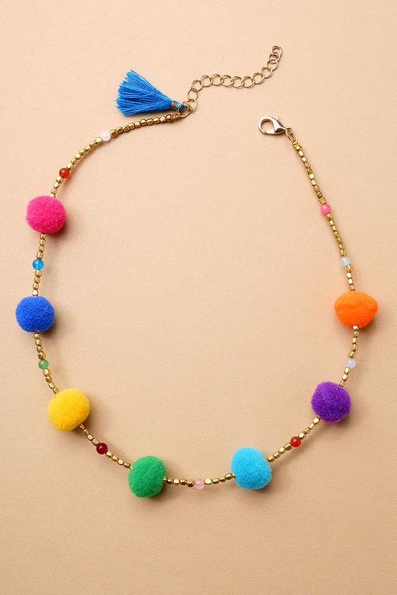 Lulus | Playful Poms Gold Beaded Pom Pom Necklace