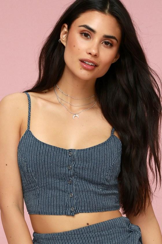 Amuse Society Sunshade Navy Blue And White Tie-back Crop Top | Lulus
