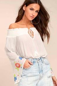Lulus Romantic Haven White Embroidered Off-the-shoulder Top