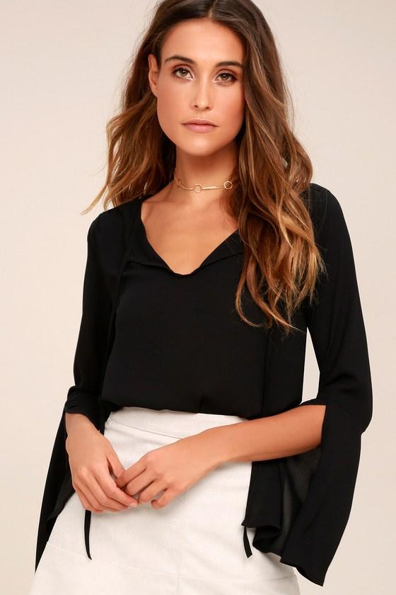 Lulus | Carefully Curated Black Long Sleeve Top | Size Medium | 100% Polyester