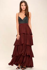 Olivaceous Celebrate The Occasion Burgundy Satin Maxi Skirt
