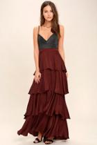 Olivaceous Celebrate The Occasion Burgundy Satin Maxi Skirt