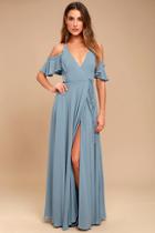 Lulus Easy Listening Slate Blue Off-the-shoulder Wrap Maxi Dress