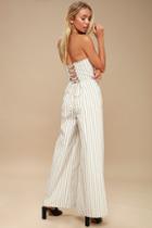 Ali & Jay Sundaze White And Yellow Striped Lace-up Strapless Jumpsuit | Lulus