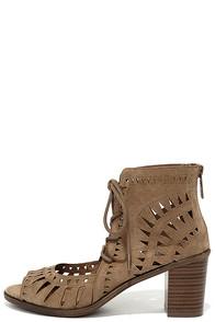 Breckelle's Cut To The Chase Beige Suede Cutout Lace-up Booties