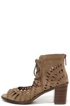 Breckelle's Cut To The Chase Beige Suede Cutout Lace-up Booties