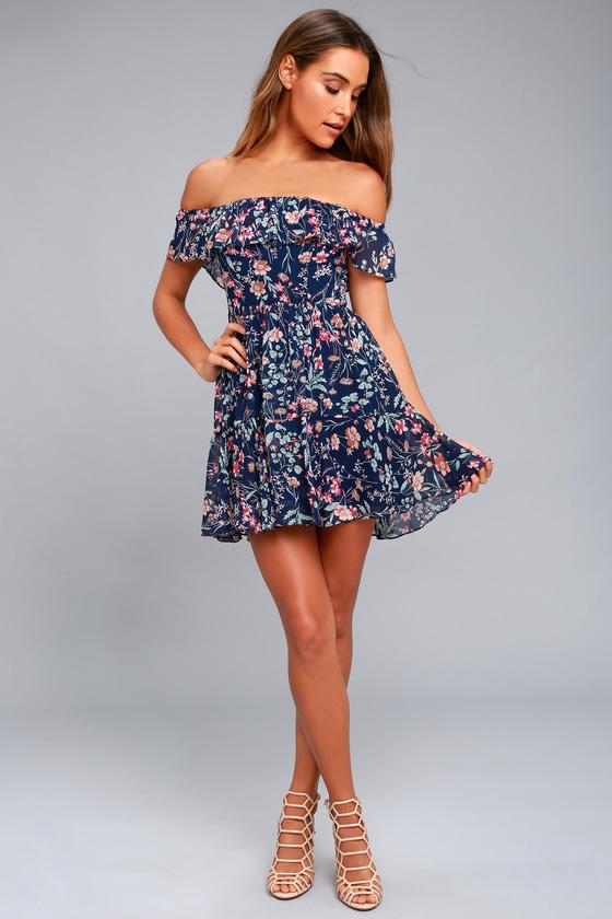 My Favorite Navy Blue Floral Print Off-the-shoulder Dress | Lulus