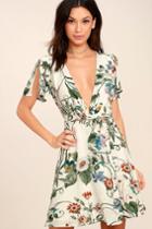 Lulus | Instant Bliss Ivory Floral Print Wrap Dress | Size Medium | White | 100% Rayon