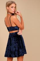 Lulus | Love Is The Key Navy Blue Velvet Skater Dress | Size Large | 100% Polyester