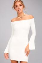 Lulus | Marseille White Off-the-shoulder Long Sleeve Bodycon Dress | Size Large | 100% Polyester