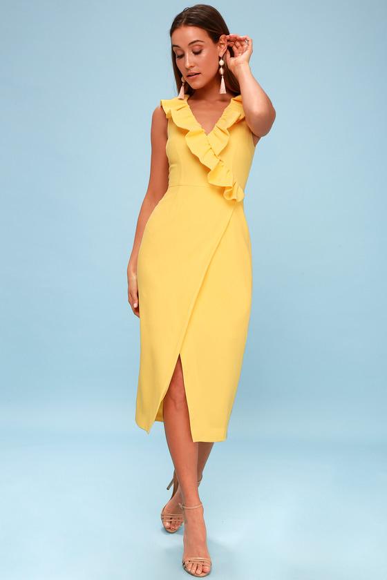 Keepsake Miss Me Yellow Ruffled Midi Dress | Lulus
