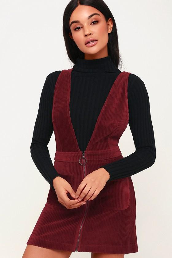 Cut To The Chase Burgundy Corduroy Pinafore Dress | Lulus