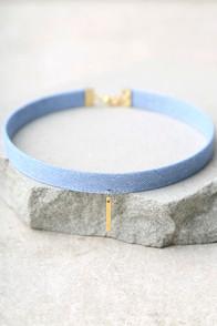 Lulus Denim Days Blue And Gold Denim Choker Necklace