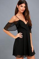 Lulus | Cosmopolitan Black Off-the-shoulder Skater Dress | Size Small | 100% Polyester