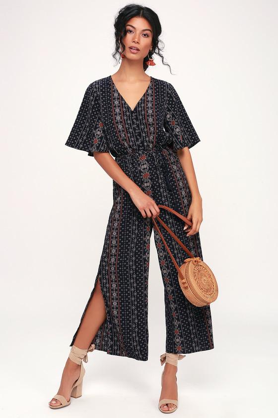 Moon River Carra Navy Blue Print Short Sleeve Jumpsuit | Lulus