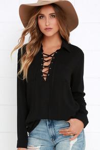 Dee Elle Stylistic Reins Black Long Sleeve Lace-up Top