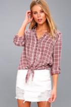 Lulus | Just Chilling Washed Mauve Plaid Button-up Top