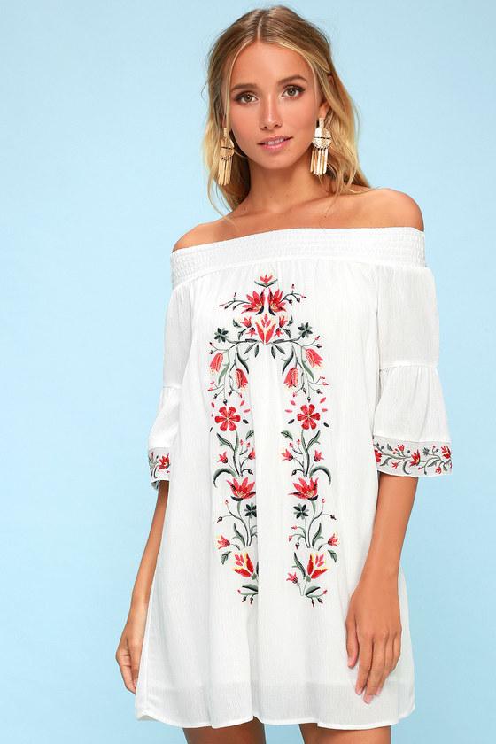 Black Swan Taryn White Embroidered Off-the-shoulder Shift Dress | Lulus