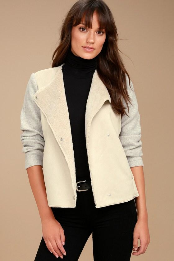 Bb Dakota | Glenna Heather Grey And Beige Suede Sherpa Coat | Size X-small | 100% Polyester | Vegan Friendly | Lulus