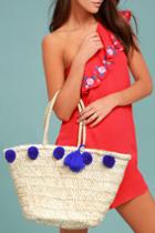 Lulus | Byron Bay Beige And Blue Woven Pompom Tote