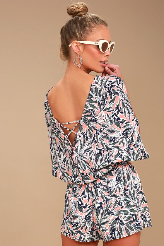 Tavik Perla Grey Leaf Print Lace-up Romper | Lulus