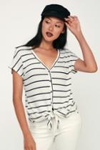 Seascape Black And White Striped Button-up Tie-front Top | Lulus