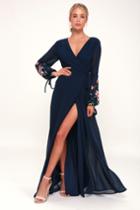 My Angel Navy Blue Embroidered Long Sleeve Wrap Maxi Dress | Lulus