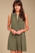 Lulus | Look Into Your Heart Olive Green Sleeveless Shirt Dress | Size Medium | 100% Rayon