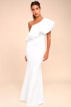 Lulus | So Amazed White One-shoulder Maxi Dress | Size Large | 100% Polyester