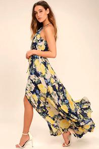 Lulus Precious Memories Navy Blue And Yellow Floral Print Maxi Dress